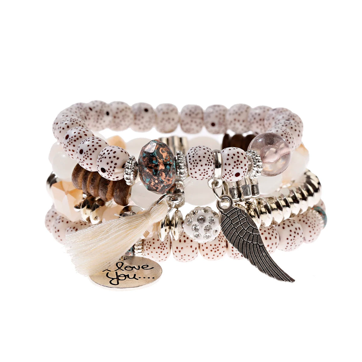 New Bohemian White Beads Tassel Bracelets Set Women Natural Lava Stone Alloy Wing Pendant Charm Bangle Boho Jewelry - Charlie Dolly