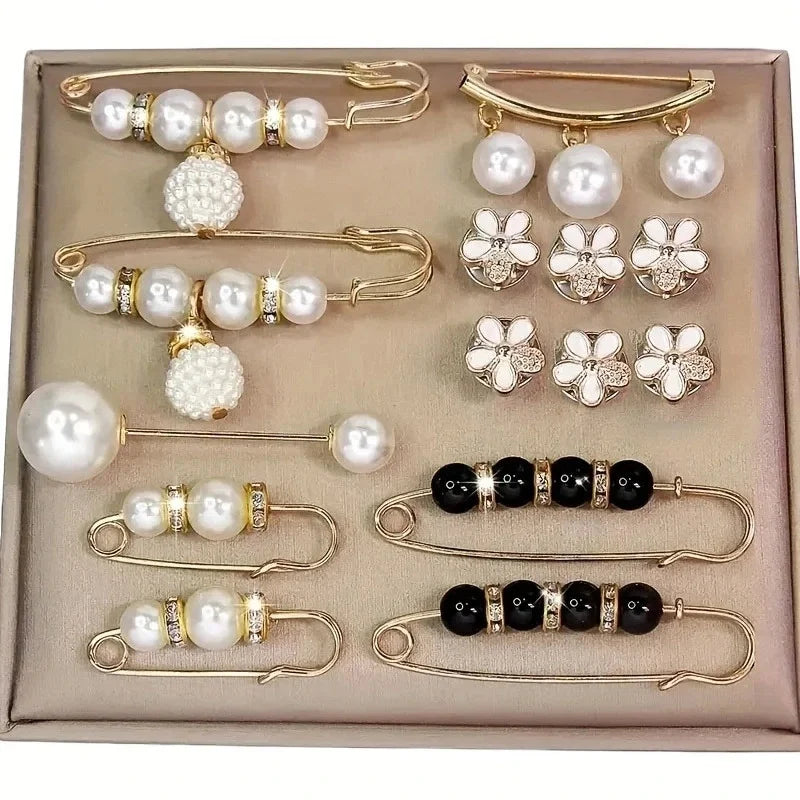 Elegant Faux Pearl Brooch Pin Set (14 Pieces)