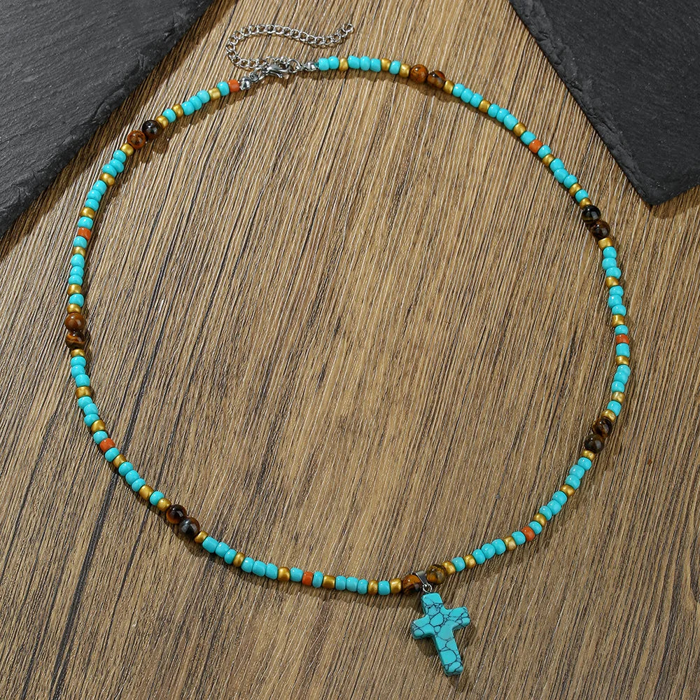 Turquoise Tiger Eye Cross Pendant Necklace Jewelry