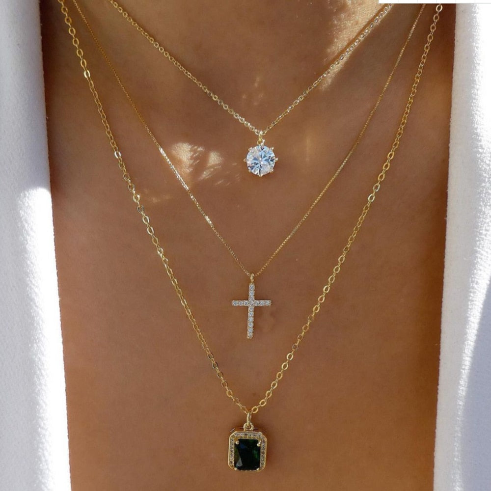 bls-miracle Bohemia Gold Color Multiple Styles Necklace For Women Multi-Layer Crystal Pendant Necklaces Set Jewelry Gifts