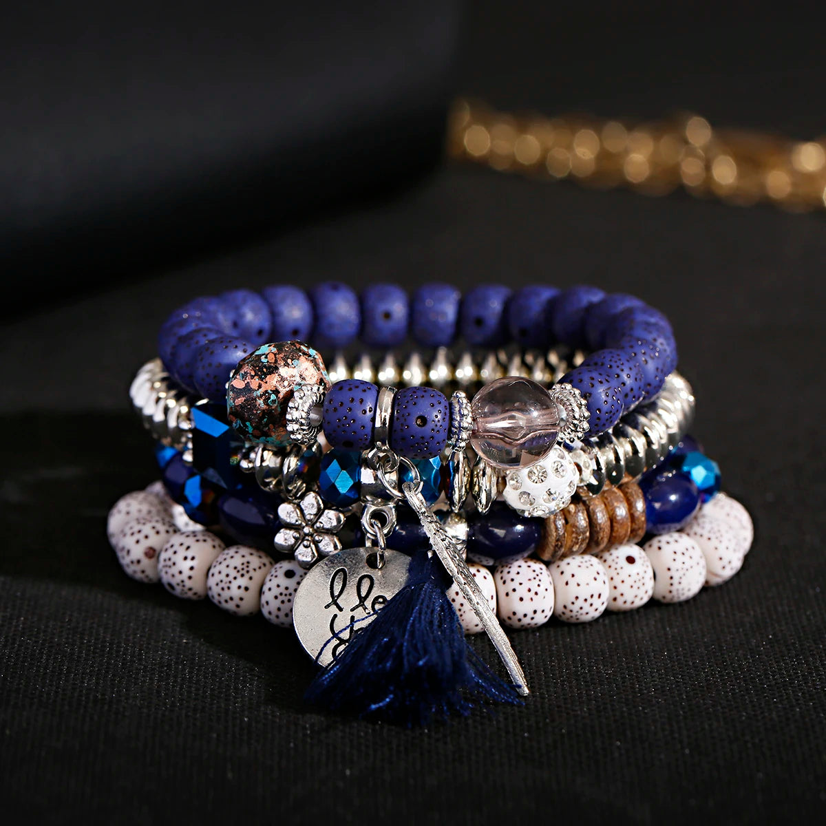 New Bohemian White Beads Tassel Bracelets Set Women Natural Lava Stone Alloy Wing Pendant Charm Bangle Boho Jewelry - Charlie Dolly