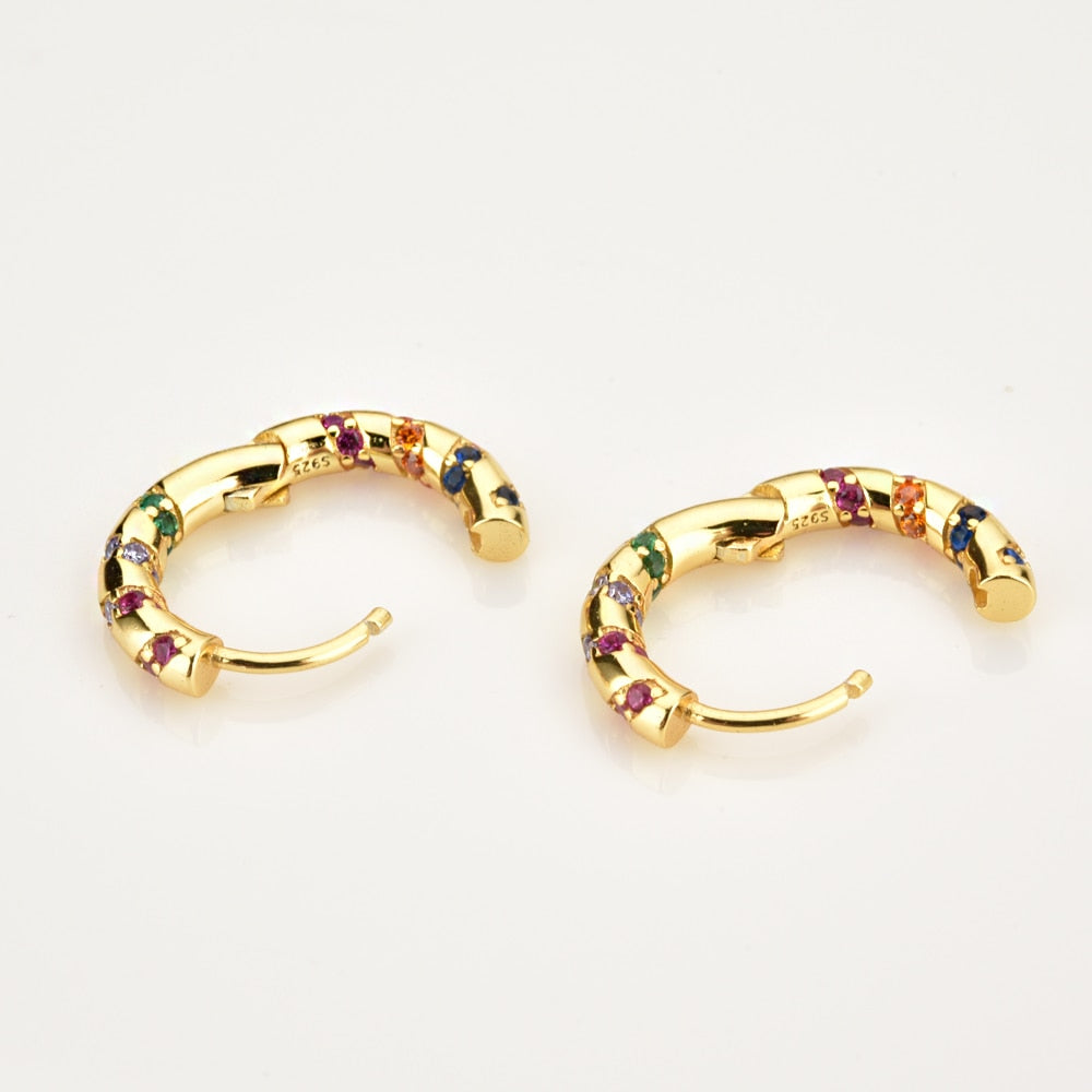 Andywen 100% 925 Sterling Silver Colorful Rainbow Clips Hoops Earring Huggies Middle 8mm Piercing Pendiente Women Circle Jewelry