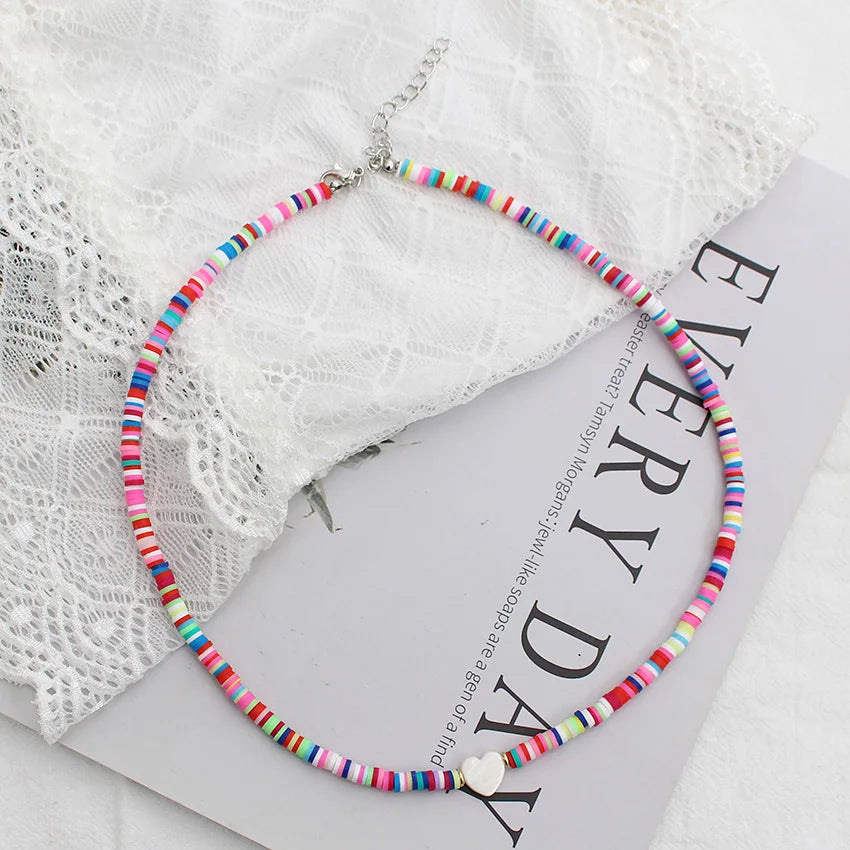 Polymer Clay Heart and Natural Shell Bead Boho Choker