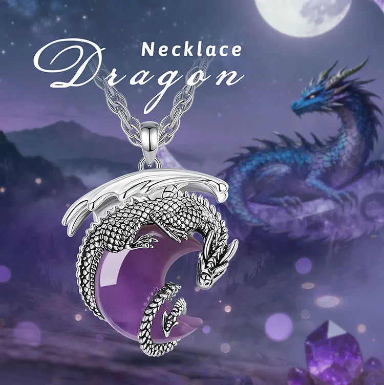 Natural Amethyst Dragon Crescent Moon Pendant Necklace, Healing Crystal Talisman