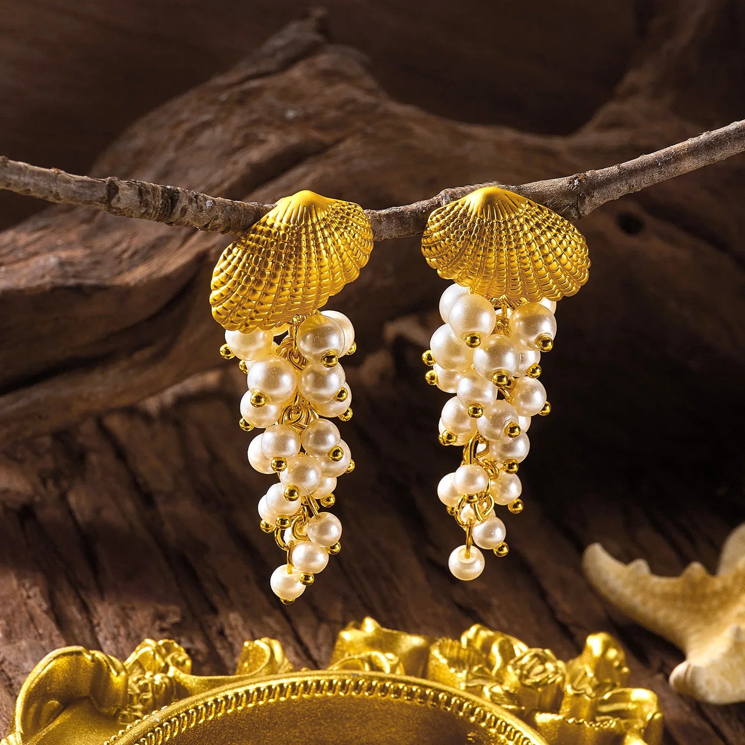 Pearl and Seashell Clustered Tassel Dangle Earrings