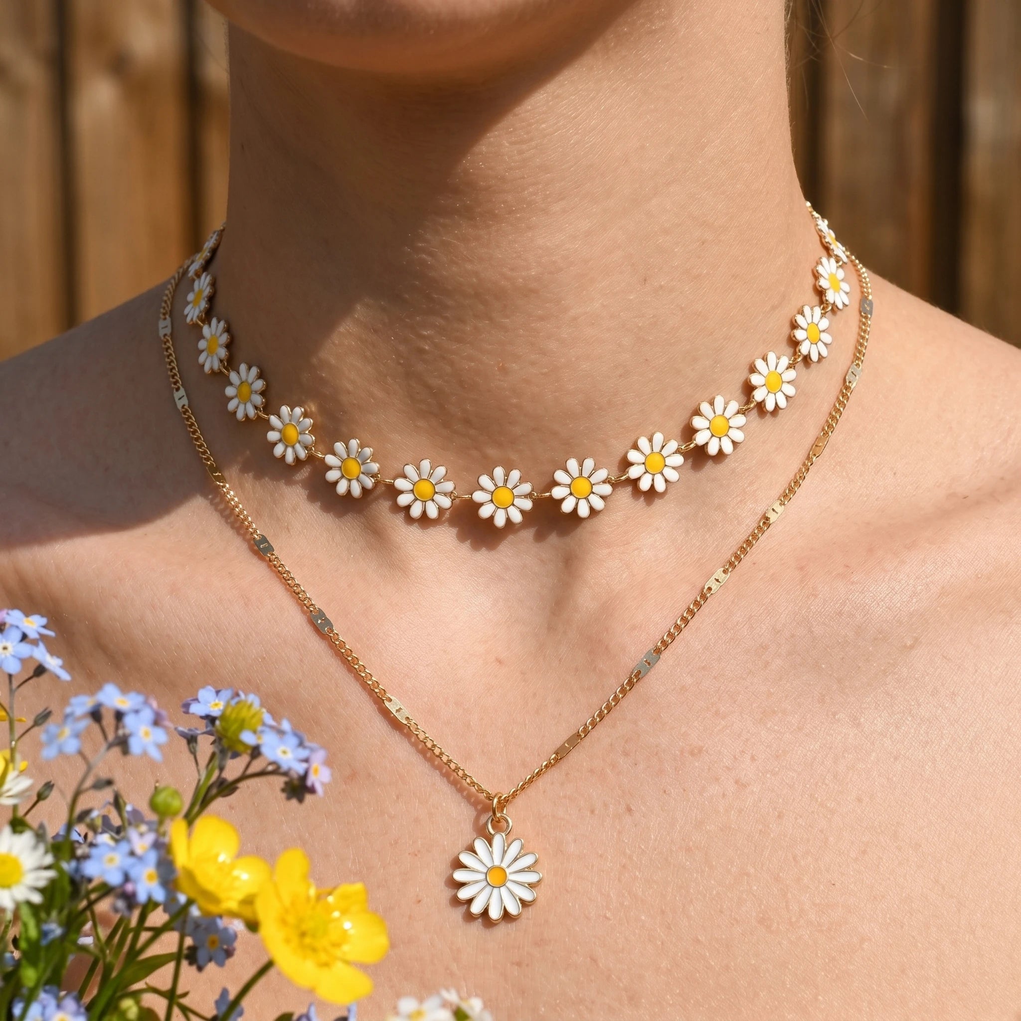 Enamel Daisy Gold Layered Necklace Jewelry