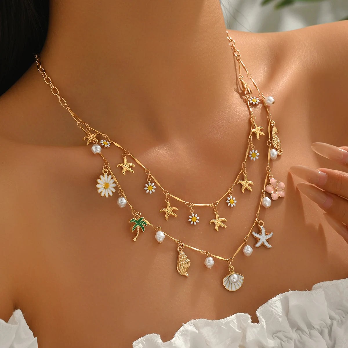 Daisy Starfish Pearl Double Layer Necklace Jewelry