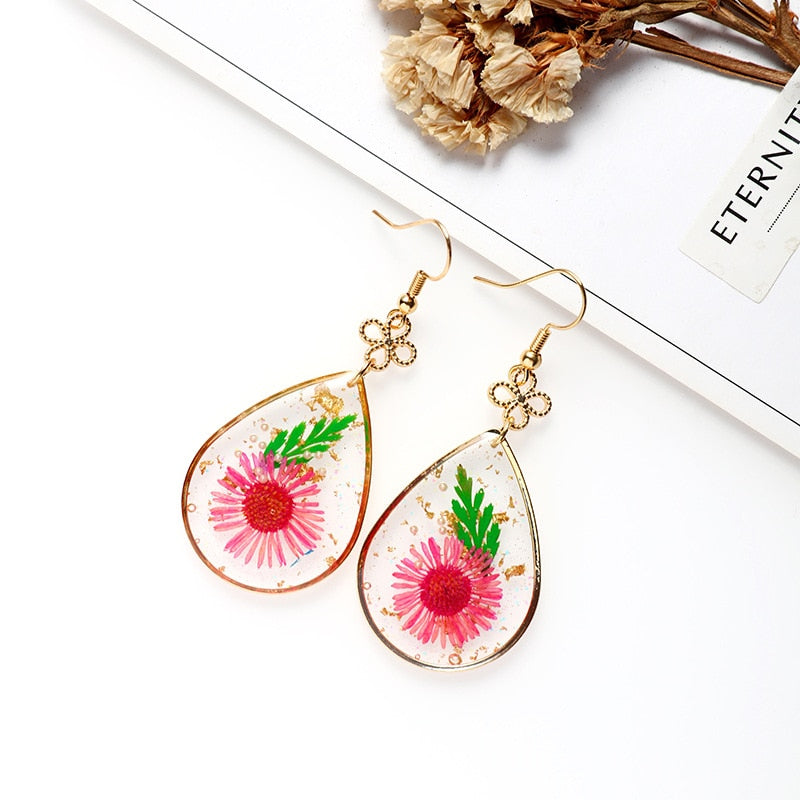 Creative Real Flower Earring Unique Round Dried Flower Drop Earrings Real Floral Sweet Earring For Women Gifts Summer Jewelry
