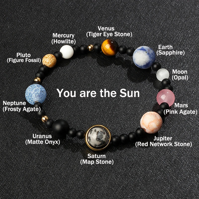 Nine Planets Solar System Beaded Bracelet, Natural Stone Galaxy Cosmic Talisman