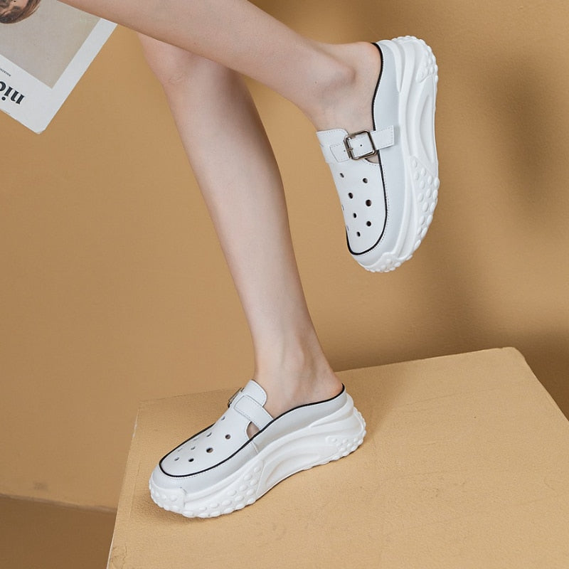 Fujin 6cm Cow Genuine Leather Platform Wedge Casual Chunky Sneaker Women Summer Hollow Female Women Mules Shoes Sandals Slippers