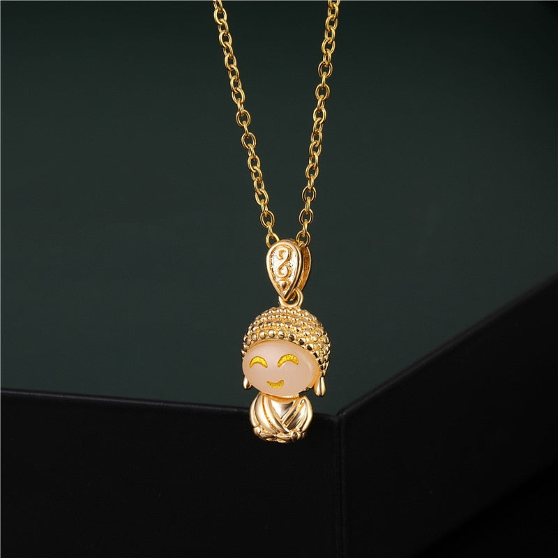Maitreya Buddha Titanium Steel Female Inlaid Jade Smiling Face Buddha Necklace Gold Color Chain Portrait Pendant Chokers