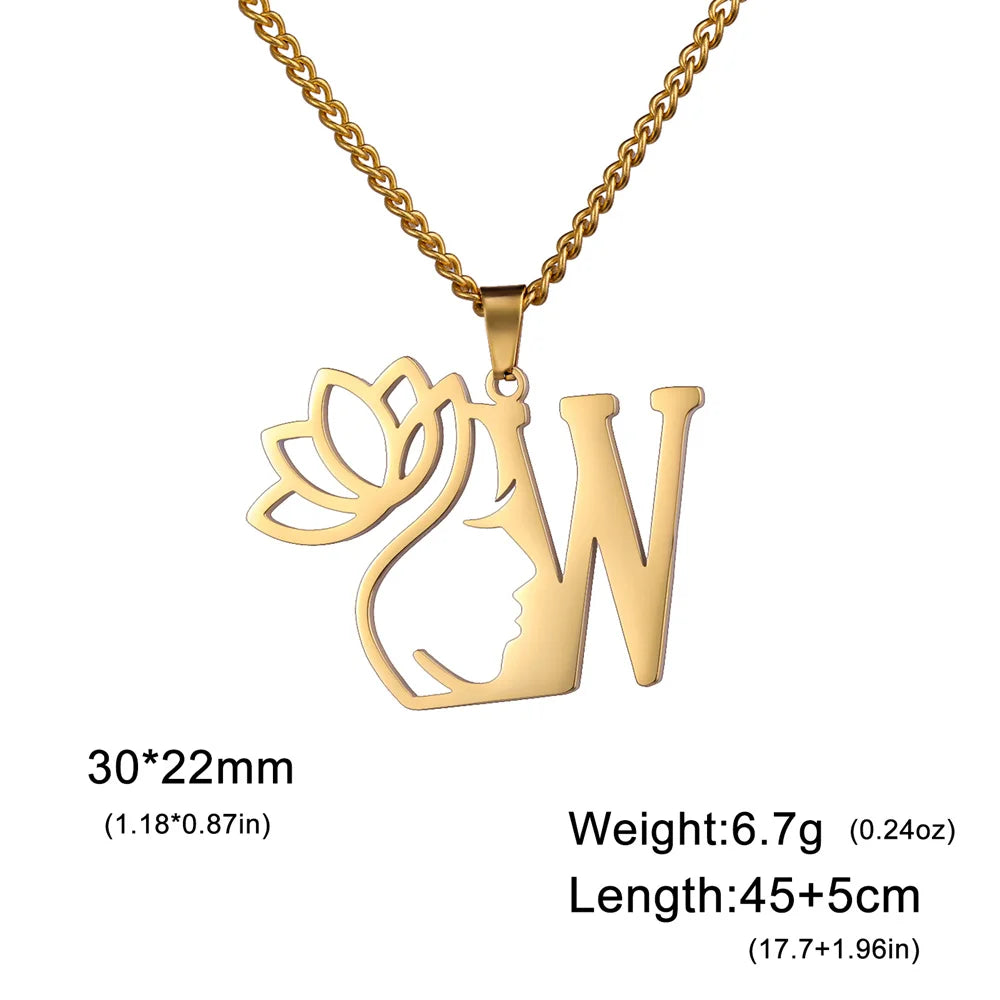 Lotus Flower Initial Letter Pendant, Personalized Stainless Steel Necklace