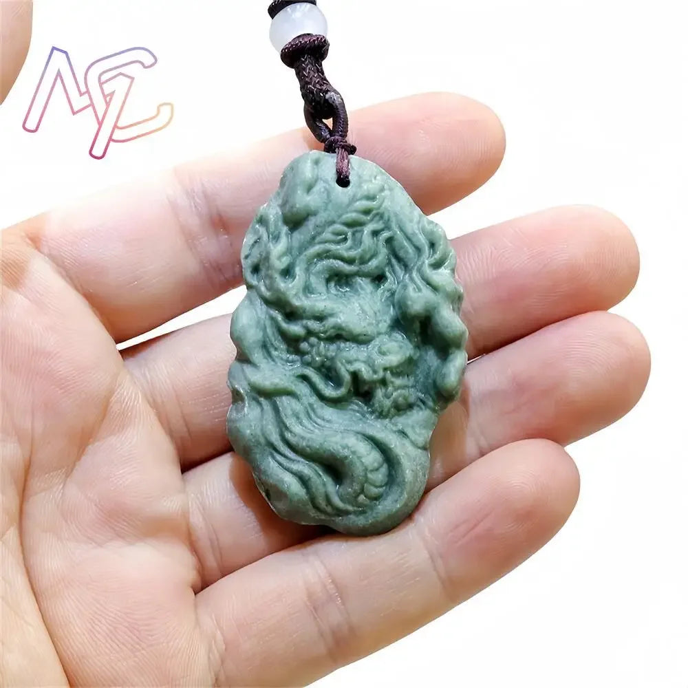 Dark Green Jade Dragon Fox & Owl Pendant Necklace, Carved Amulet Zodiac Talisman
