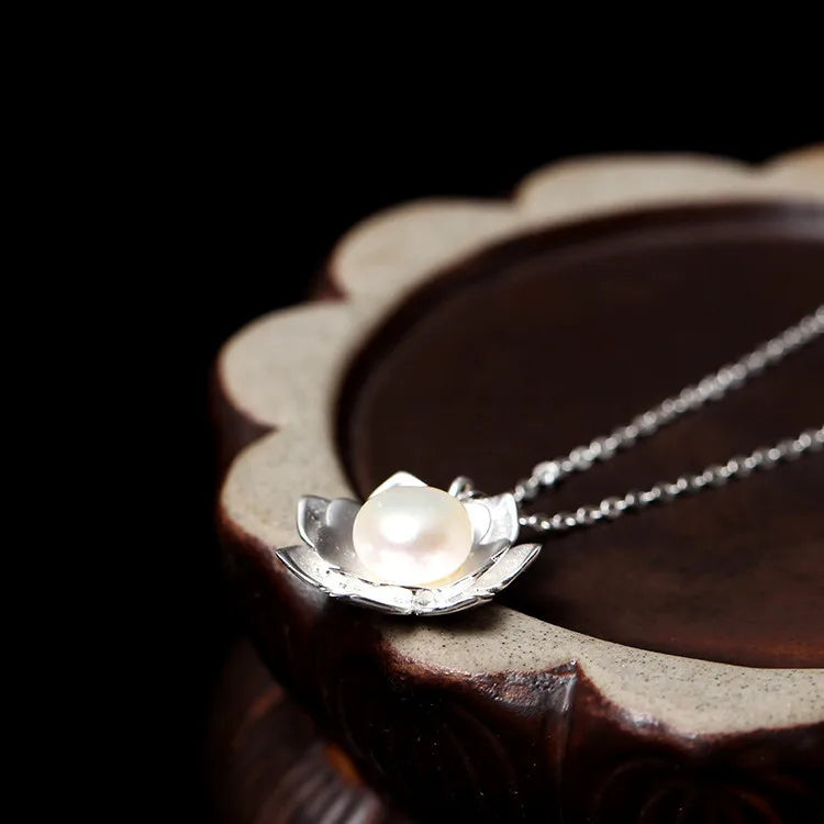 White Lotus Shell Pearl Pendant, Ocean Bloom Spiritual Talisman