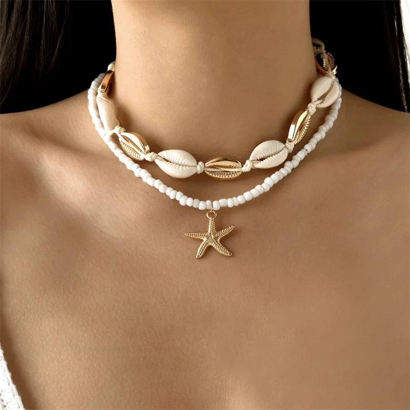 Gold Starfish Shell Rice Bead Choker Necklace Jewelry