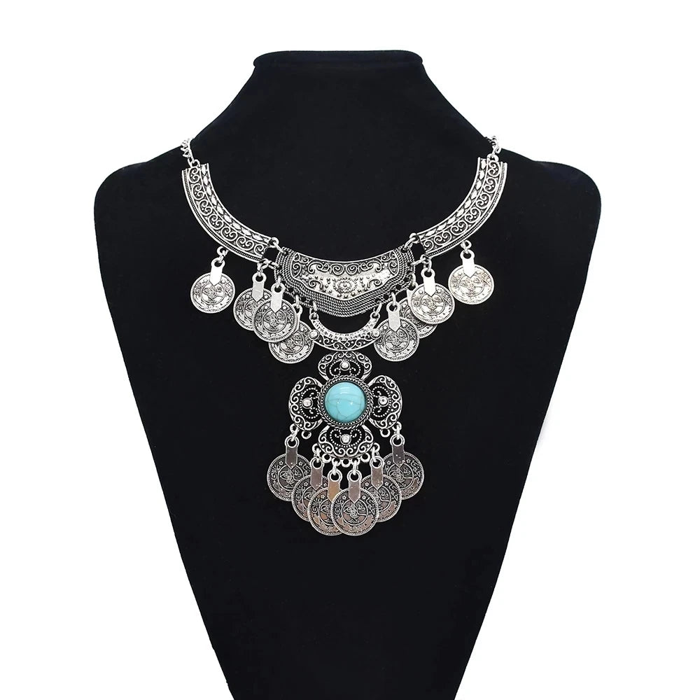 Carved Coin Tassel Tribal Necklace Jewelry