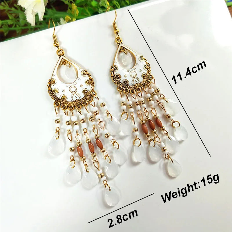 Acrylic Waterdrop Bead Tassel Long Earrings Jewelry