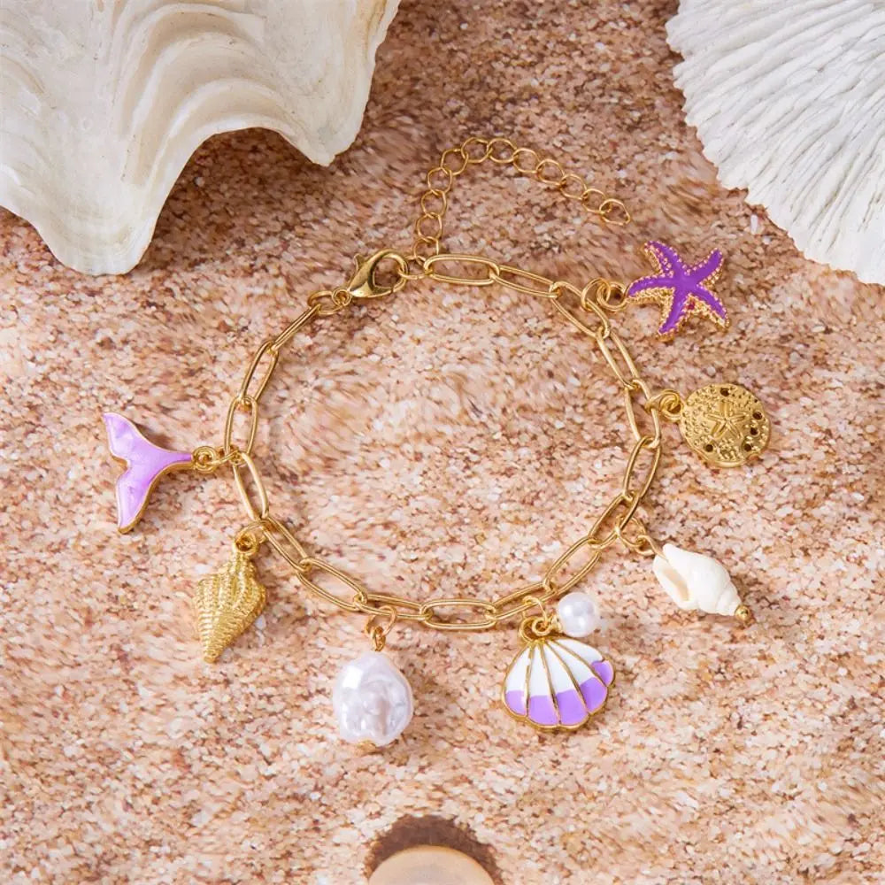 Pearl, Shell and Starfish Gold Tassel Boho Bracelet