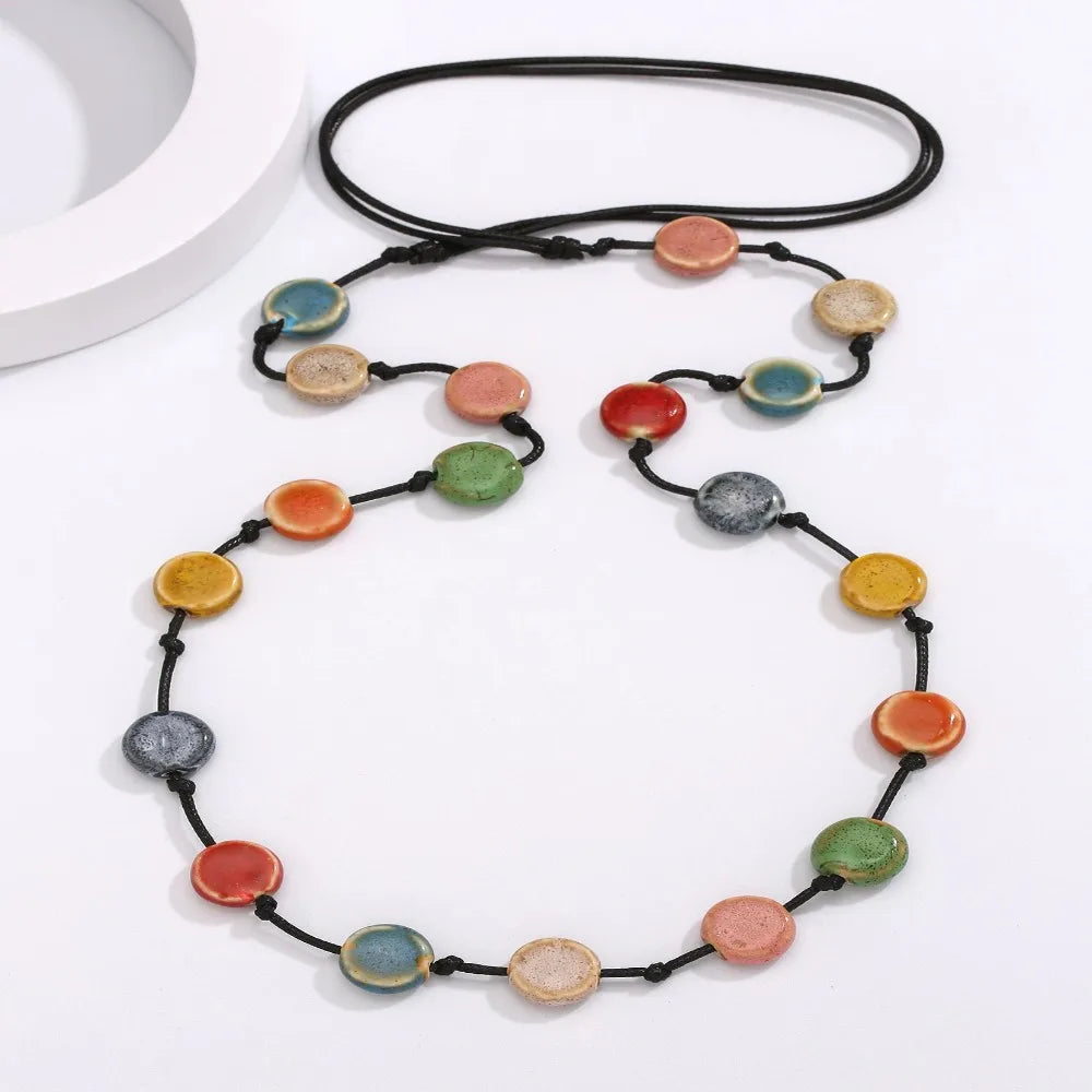 Colorful Ceramic Bead Woven Rope Necklace Jewelry