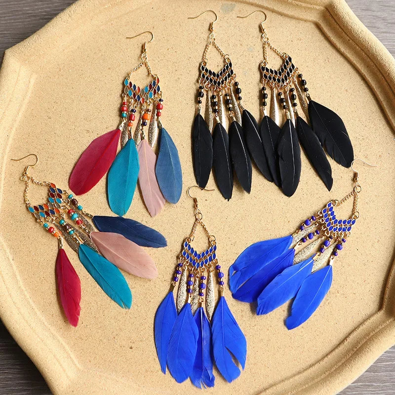 Feather Colorful Bead Long Tassel Earrings Jewelry