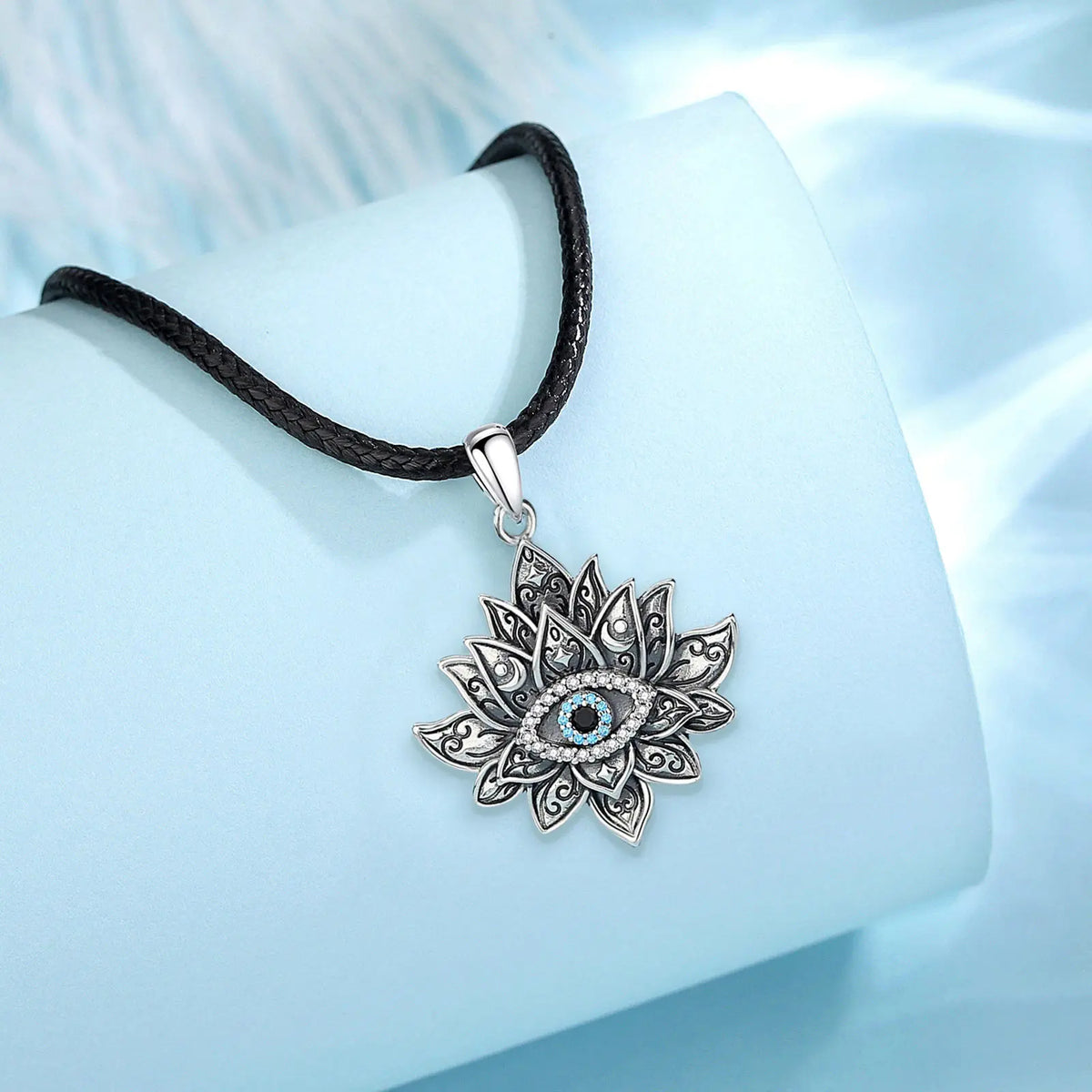 925 Sterling Silver Evil Eye & Lotus Pendant Necklace, Vintage Eudora Sacred Amulet
