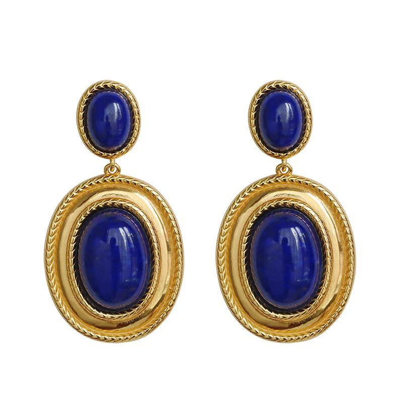 New design inlaid lapis lazuli oval hollow earrings exaggerated punk style retro ancient gold craftsmanship women's jewelry - Charlie Dolly
