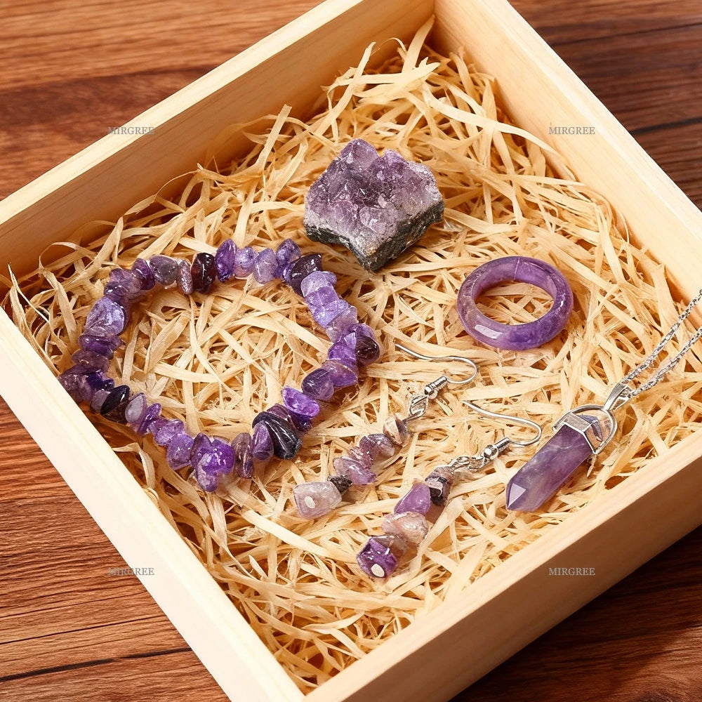 Natural Amethyst 5-Piece Crystal Set, Bracelet Necklace Ring & Earrings Healing Gift