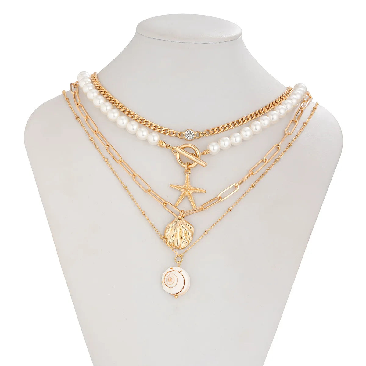 Shell Starfish and Pearl Layered Chain Boho Necklace