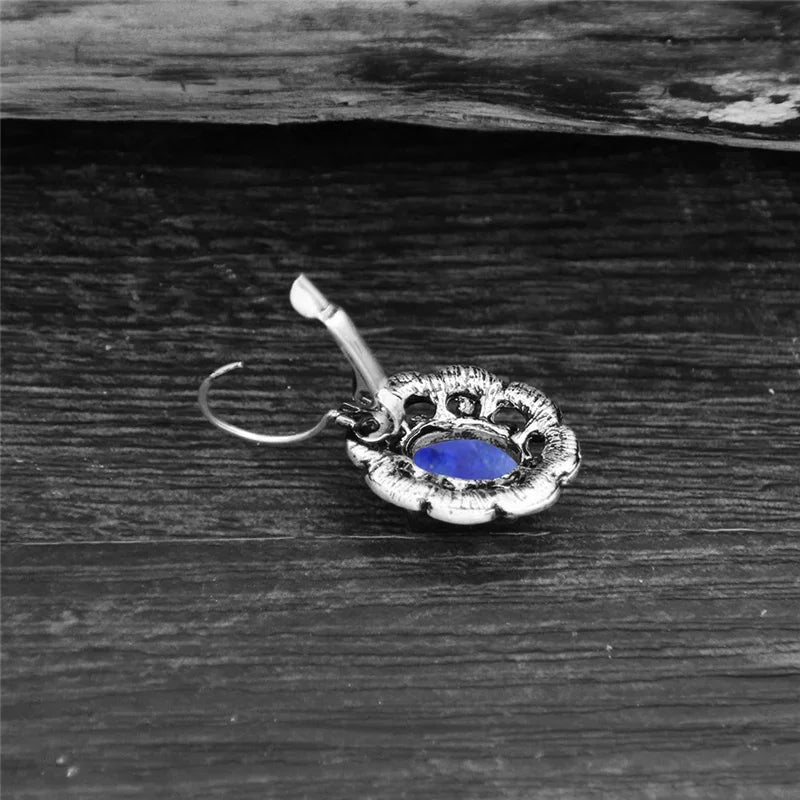 Vintage Plumflower Natural Lapis Lazuli Rhinestone Earrings For Women Tibetan Silver Plated Natural Stone Tiger Eye Earring - Charlie Dolly