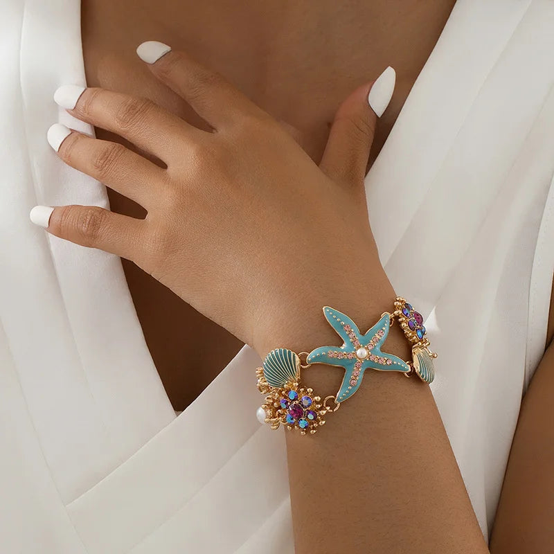 Starfish, Coral and Pearl Zircon Choker, Bracelet or Earring Set