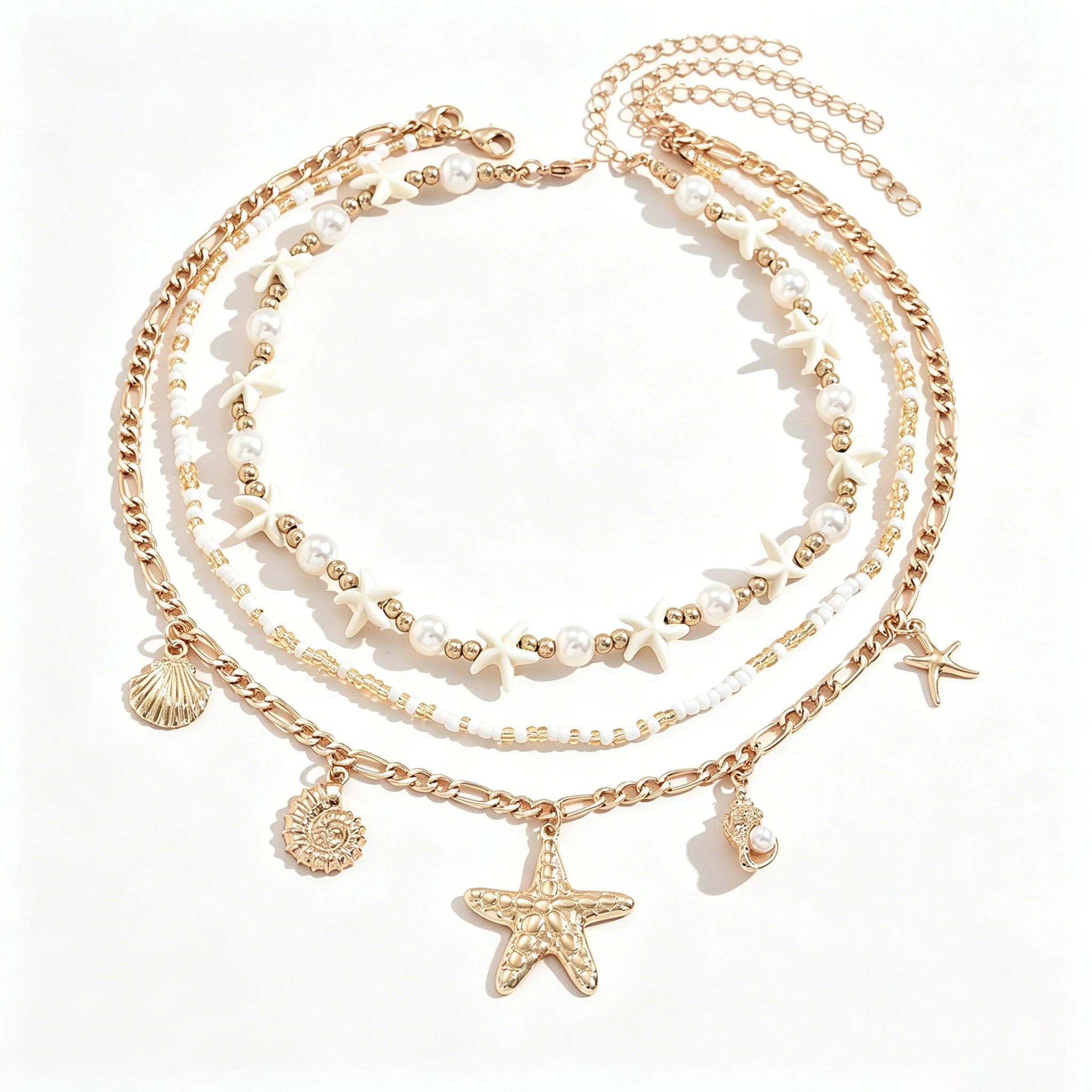 Starfish Shell Faux Pearl Layered Necklace Jewelry