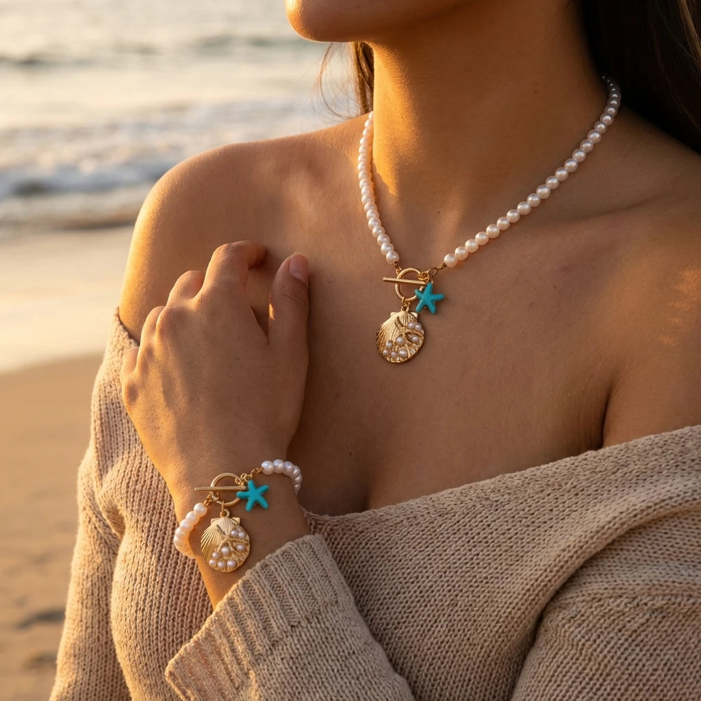 Blue Starfish and Scallop Shell Layered Choker Necklace