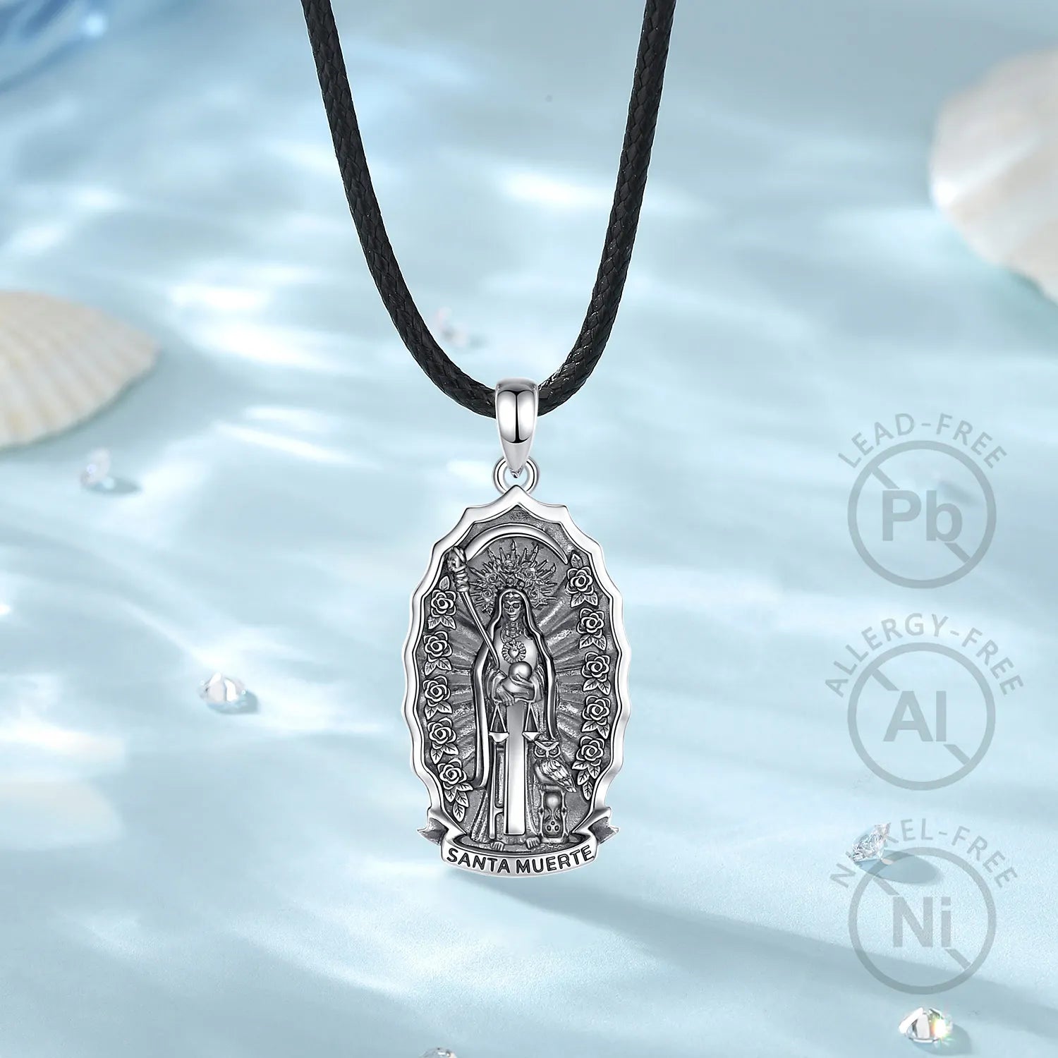 S925 Sterling Silver Santa Muerte Pendant Necklace, Holy Death Mexican Devotional Amulet