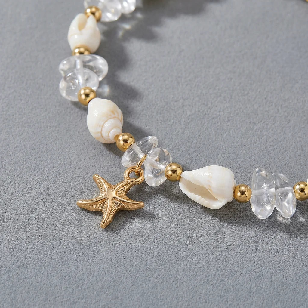 Cowrie Shell and Crystal Bead Starfish Boho Anklet