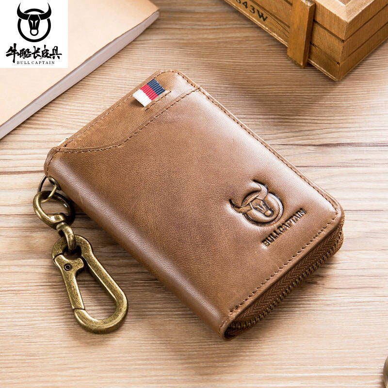Genuine Leather Men's Waist Hanging Anti-theft Brush Cowhide Wallet Holder Keychain Zipper Coin Purse Pocket Cash Slim Vallet