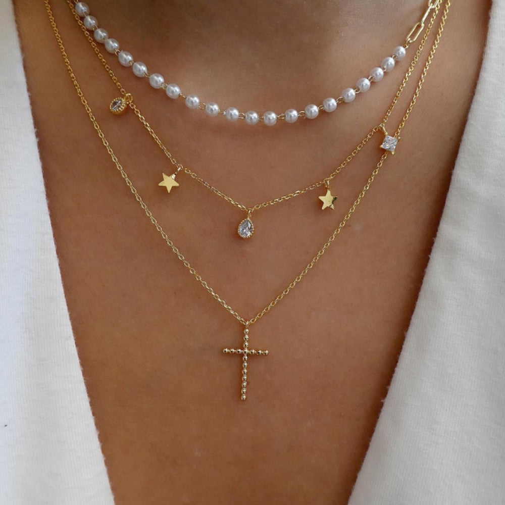 bls-miracle Bohemia Gold Color Multiple Styles Necklace For Women Multi-Layer Crystal Pendant Necklaces Set Jewelry Gifts