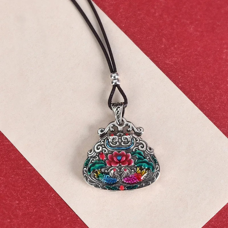 925 Sterling Silver Cloisonne Mandarin Duck & Lotus Enamel Necklace, Auspicious Love Amulet