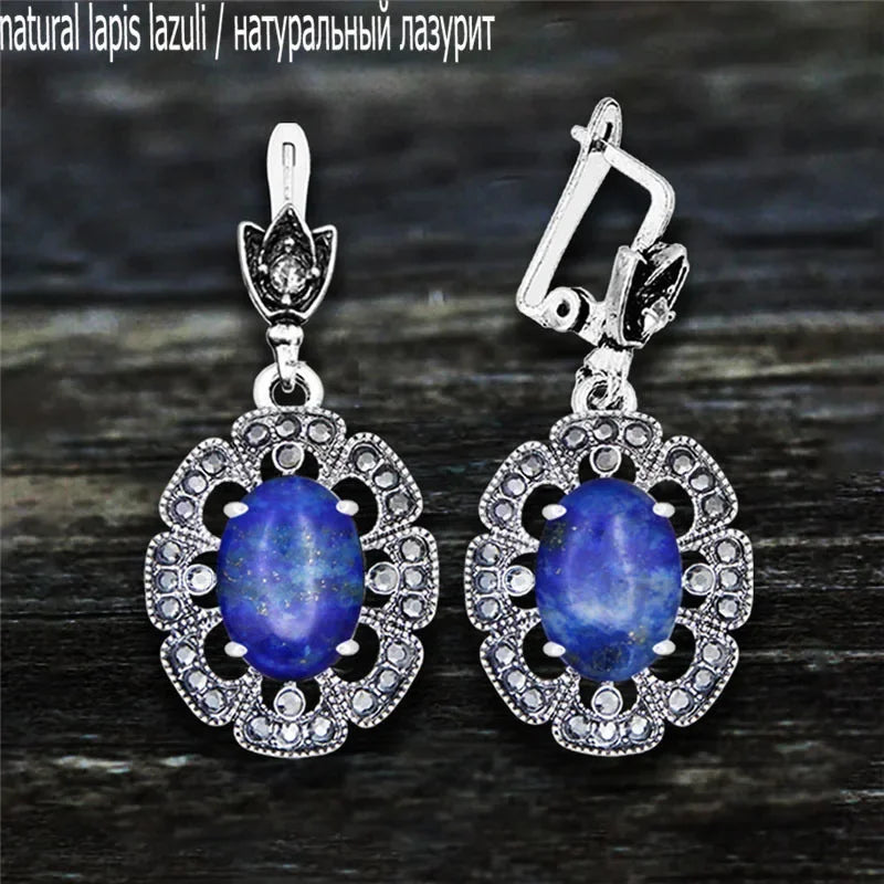 Vintage Plumflower Natural Jades Quartz Earrings For Women Antique Silver Plated Lapis Lazuli Tiger Eye Stone Fashion Earring - Charlie Dolly