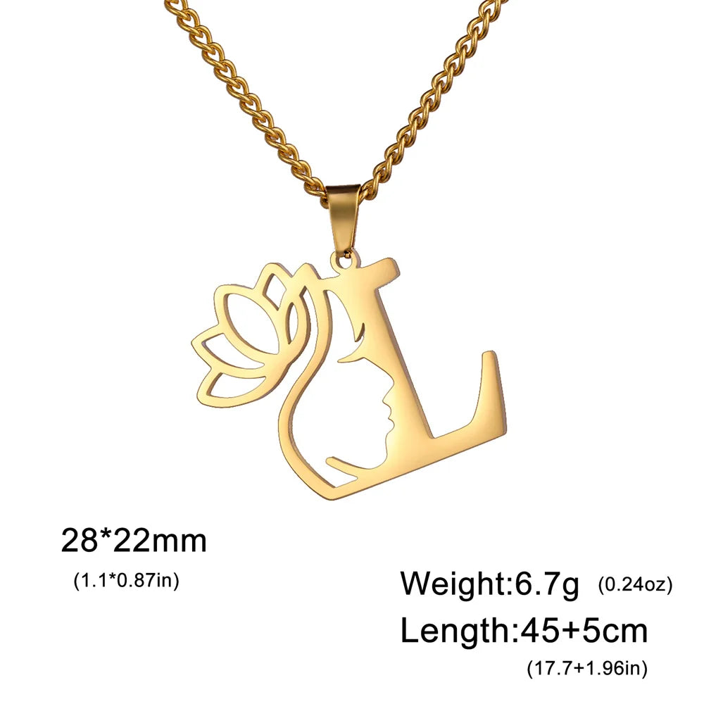 Lotus Flower Initial Letter Pendant, Personalized Stainless Steel Necklace