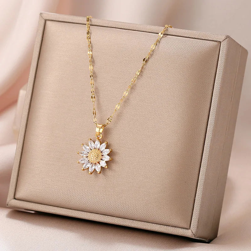 Gold Flower Zirconia Pendant Necklace, Titanium Steel Luxury Chain