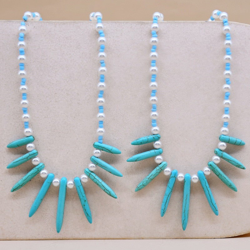 Handmade Beaded Shell Pendant Necklace Pearl Flower Clavicle Chain Vintage Turquoise Choker Necklace Jewelry for Women Gifts