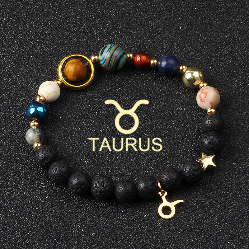 Eight Planets & Twelve Zodiac Beaded Bracelet, Natural Stone Cosmic Astrology Talisman
