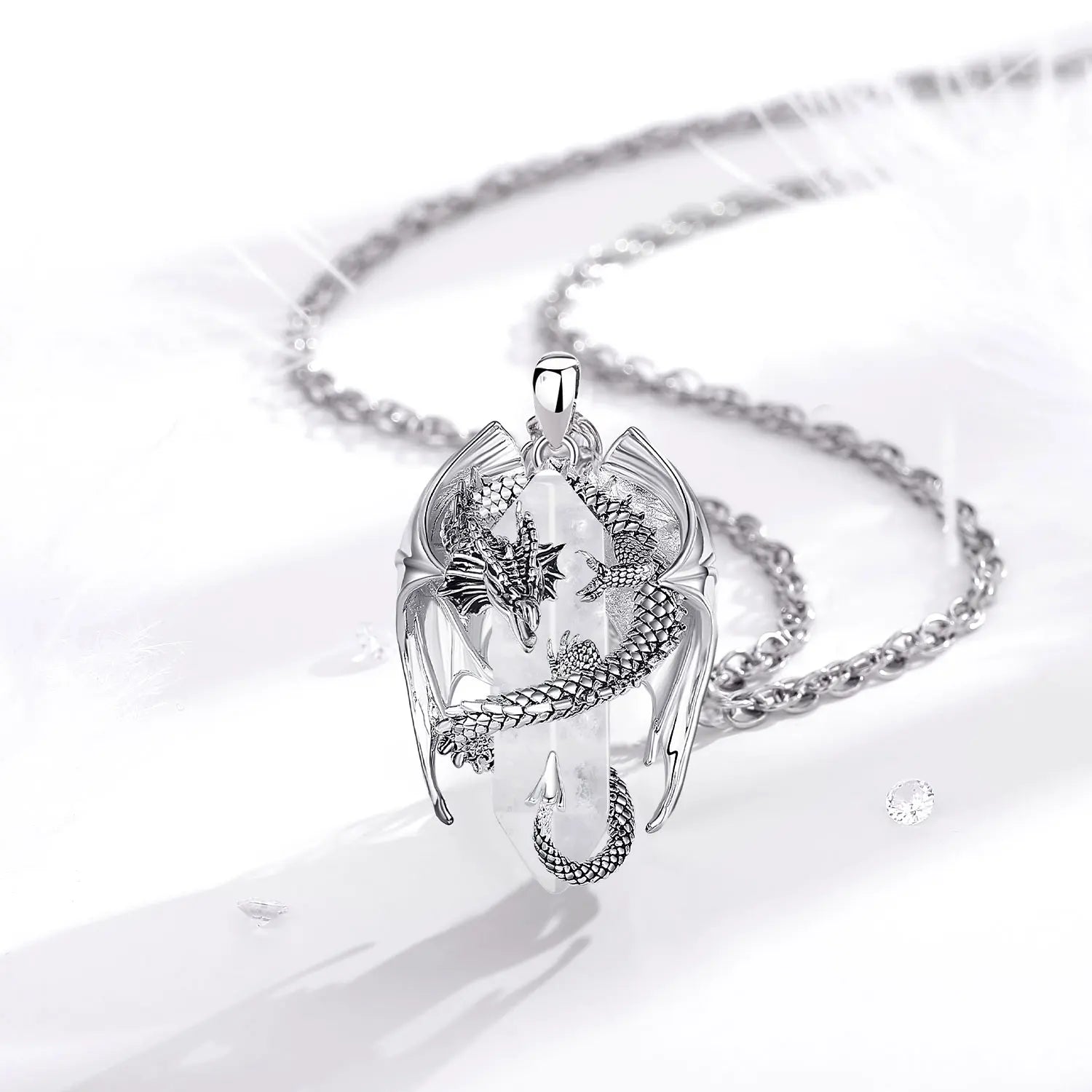 Natural Clear Quartz Dragon Pendant Necklace, Hexagonal Healing Crystal Amulet