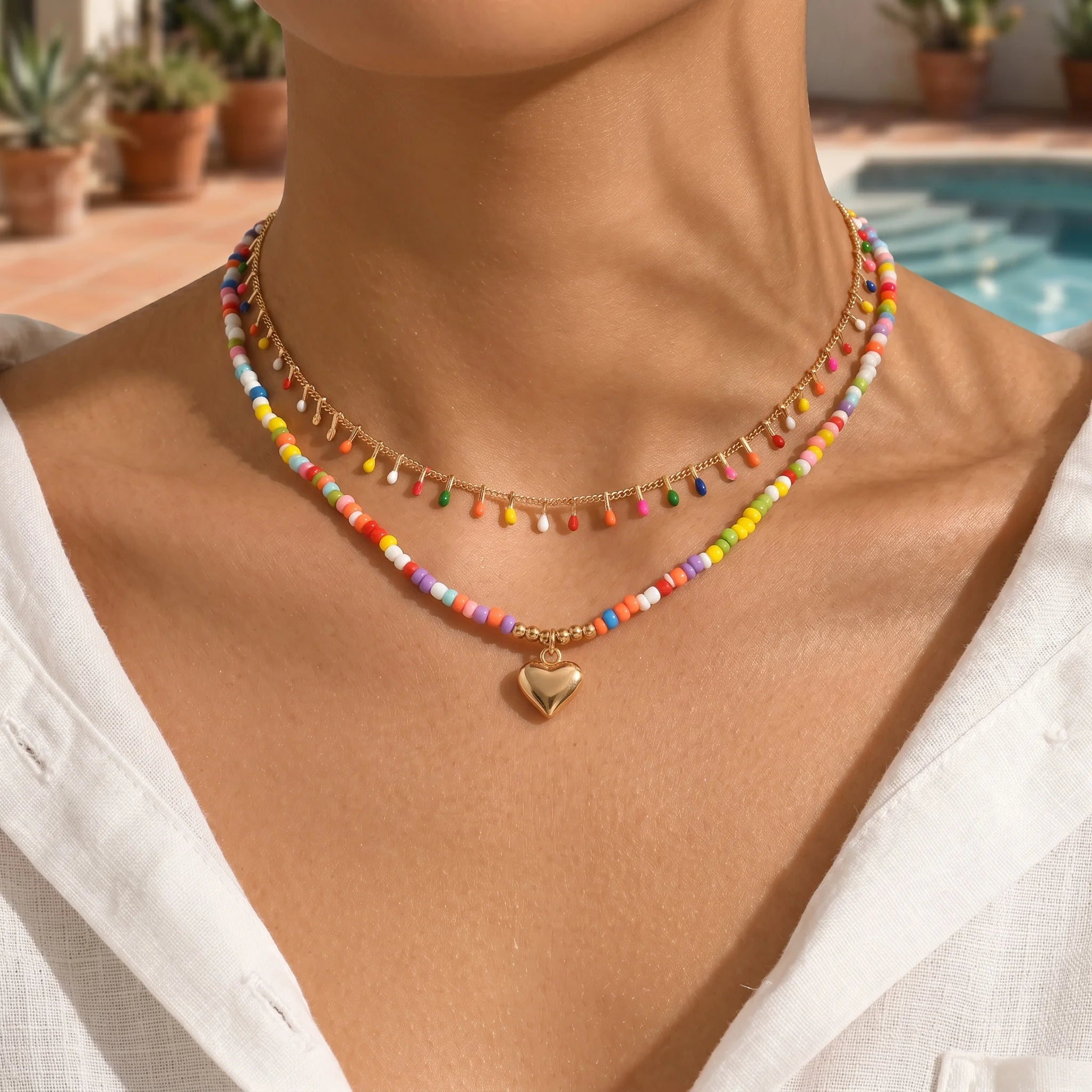 Rainbow Glass Bead Heart Choker Necklace Jewelry
