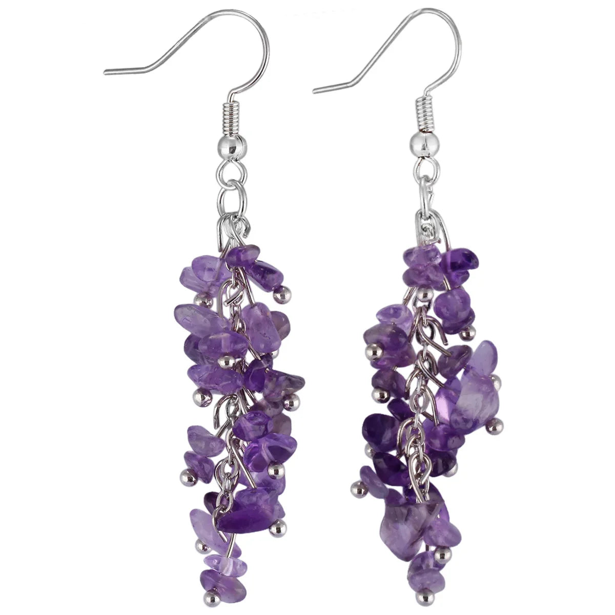 Crushed Crystal Grape Cluster Tassel Earrings, Natural Stone Boho Wedding Jewelry