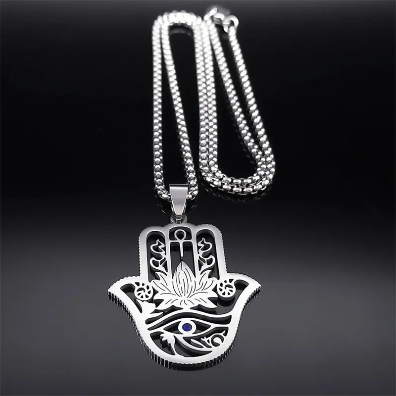 Hamsa Hand, Ankh, Lotus & Eye of Horus Pendant, Egyptian Protection Amulet