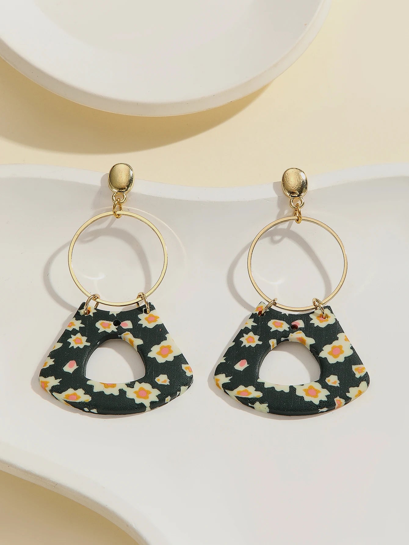 Floral Geometric Polymer Clay Statement Earrings Jewelry