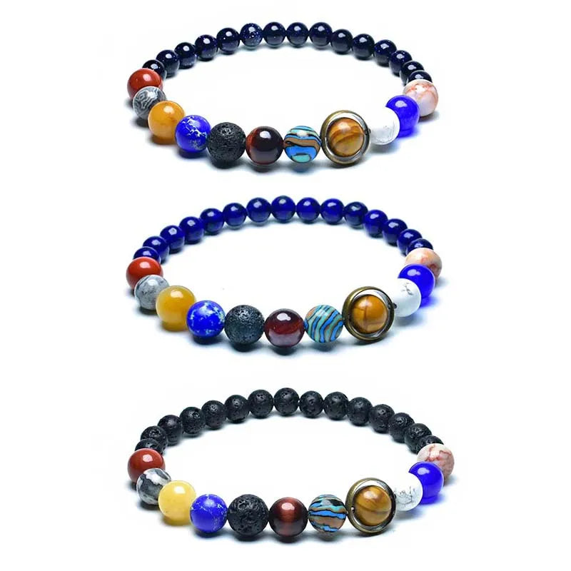 Eight Planets Solar System Beaded Bracelet, Lava & Lapis Lazuli Chakra Stones