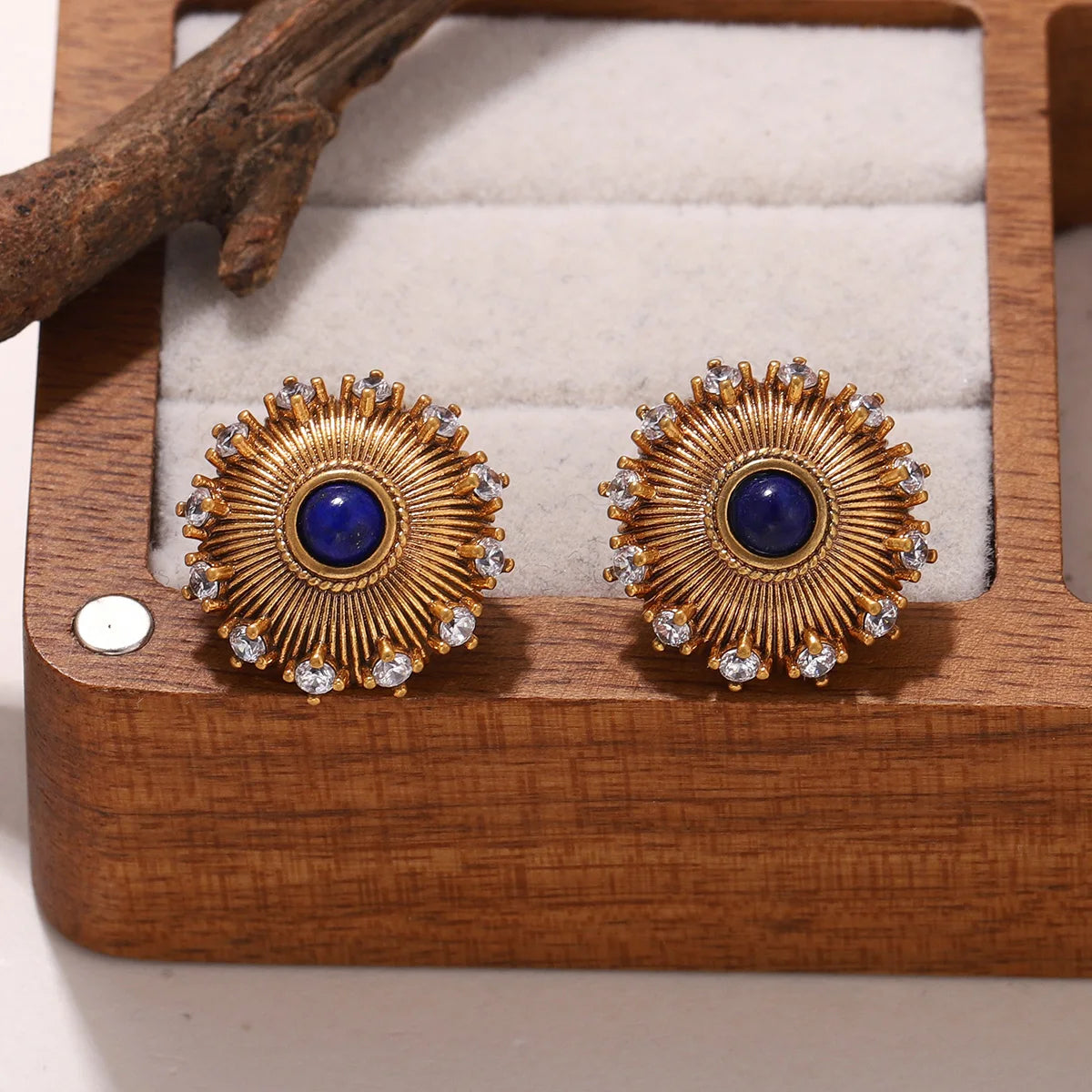 Women's Vintage Gold Plated Lapis Lazuli Sunburst Stud Earrings with Zircon Crystal Accents, Fashion Jewelry Gift - Charlie Dolly