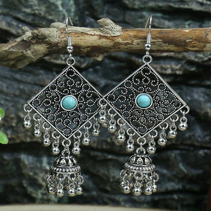 53 Styles Bohemian Vintage Tibetan Silver Geometric Drop Earrings For Women Ethnic Blue Stone Tassel Dangle Earrings Jewelry